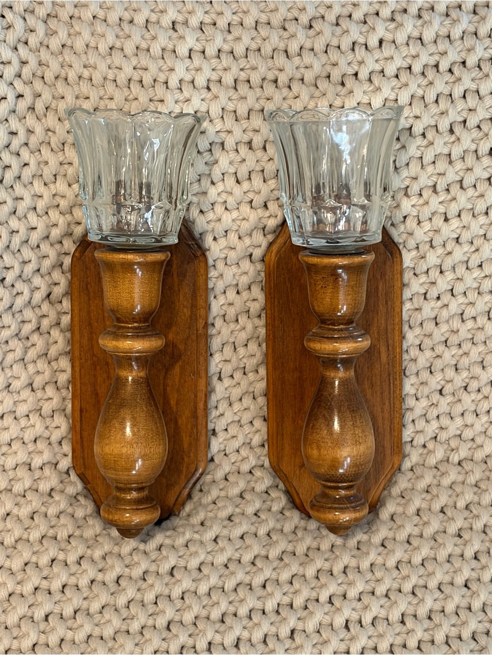 Vtg Wooden Wall Candle Holders Turned Wood Sconces Cottage Core Rustic Farmhouse
